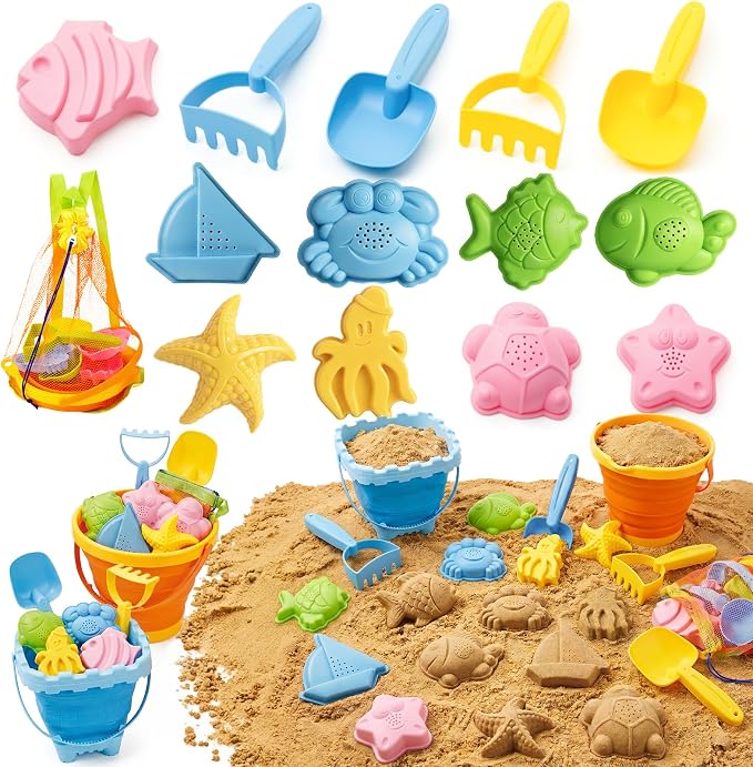 Beach Sand Toys Set for Toddlers, Portable Travel Beach Toys with Collapsible Bucket, Shovel, Rake, Molds & Mesh Storage Bag for Kids, Summer Gift (Tangerine + Ocean Blue)