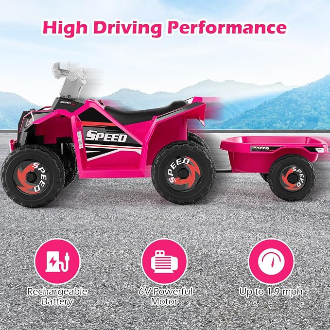 OLAKIDS 6V Kids ATV with Removable Trailer, Forward Backward Function, Widened & Wear-Resistant Wheels, Ride On Toy for Toddlers (Pink)