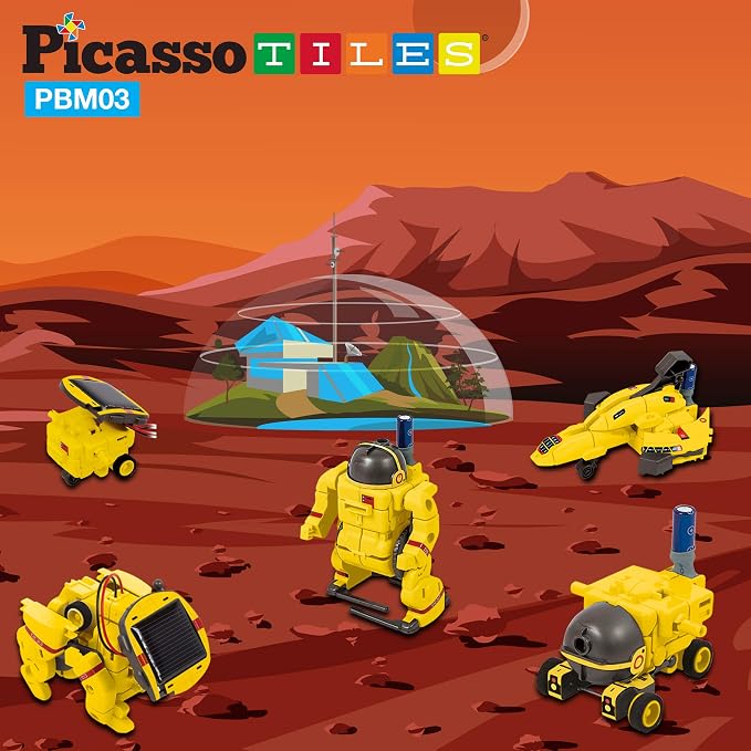 PicassoTiles STEM Kids Solar Powered Space Robot Educational Learning Engineering Building Toy 6-in-1 Creative Unique Transformation Renewable Sun Energy Science Experiment DIY Kit Boys Girls Age 8+