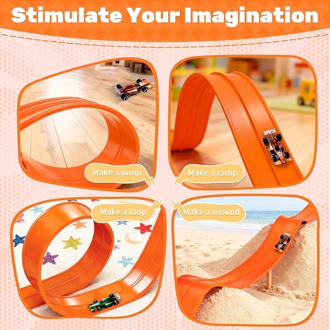 MINDNOOK 16 Ft Flexible Race Car Track Set for Kids, Portable Roll-Up Racetrack with 4 Cars & Suction Cups, Compatible with 1:64 Diecast Toy Cars, Gift for Boys & Girls Ages 4-12