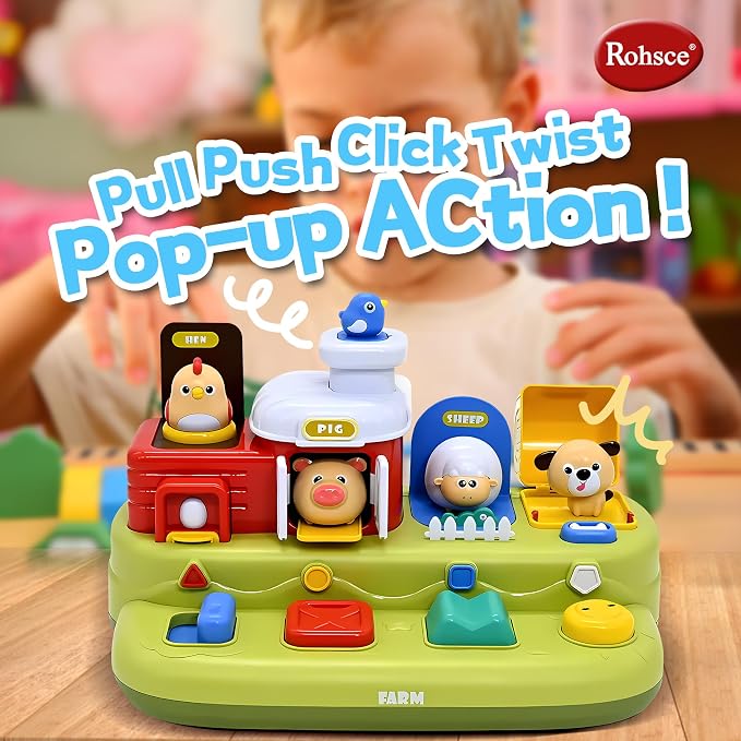 Baby Pop Up Toy, Music Sensory Montessori Toys for 1 Year Old | Interactive Pop Up Animal Toys, Cause and Effect, Educational Early Learning Gift for Toddlers 1-3