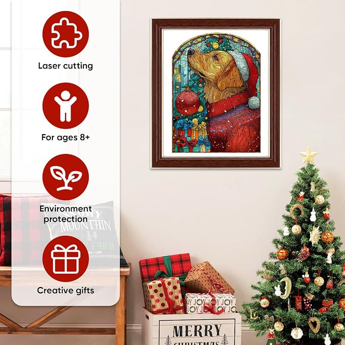 MEATRN Christmas Jigsaw Puzzles for Adults - Dog with Santa Hat 202 Pcs Unique Shaped Holiday Wood Puzzle with Wooden Storage Box, Festive Family Game Night for Art Lovers 8.9x12 Inch
