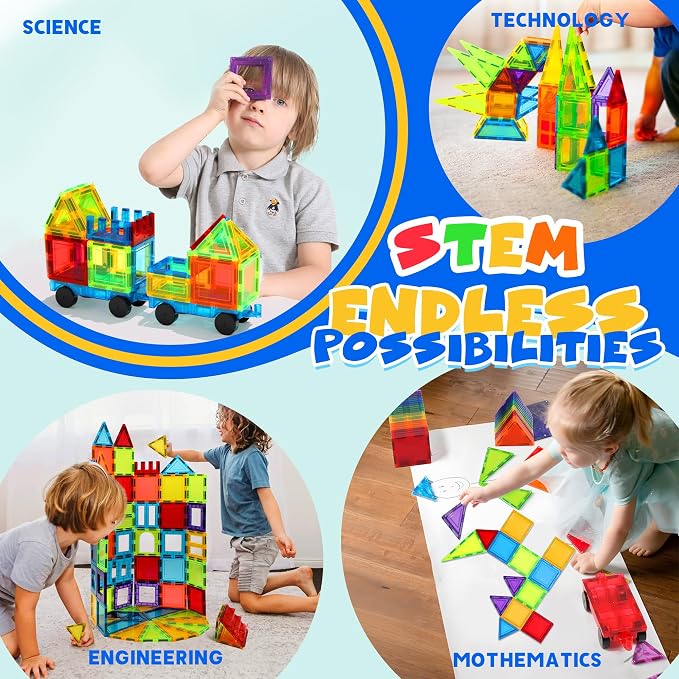 Magnetic Tiles, 131PCS Magnetic Blocks Set Including 2 Cars, Learning Magnetic Building Blocks Sets, Educational Magnets Tiles Toys Boys Girls Kids Ages 3 4 5 6 7 8 9+ Year Old