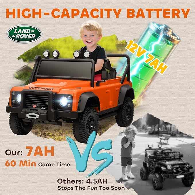 Qaba Land Rover 110SVX Licensed Electric Car for Kids, 12V Battery Powered Kids Ride On Car with Remote Control, Dual Motors, Spring Suspension, LED Lights, 3 Speeds Ride On Truck, Orange