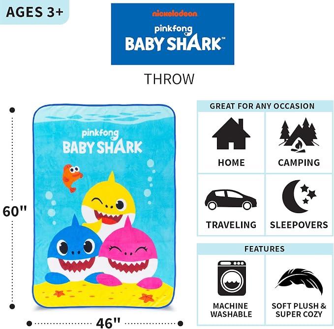 Franco Kids Bedding Super Soft Micro Raschel Throw, 46 in x 60 in, Baby Shark