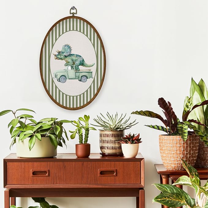 WULQYING Vintage Truck Dinosaur Nursery Wall Art Decor, Kids Room Oval Framed Canvas Art Prints, Green Striped Dino Truck Wall Hanging Decor for Kid Boy Toddler Room Bedroom Playroom, 8.6x11.4 Inches