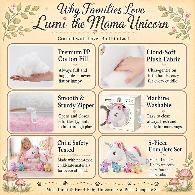 gnomantic Unicorn Stuffed Animals with Babies Inside, Mommy Toy for Kids | 5-Piece set: 1 mommy unicorn + 4 baby unicorns inside. Unzip belly to reveal surprise babies. Ultra-soft, ages 3-8.