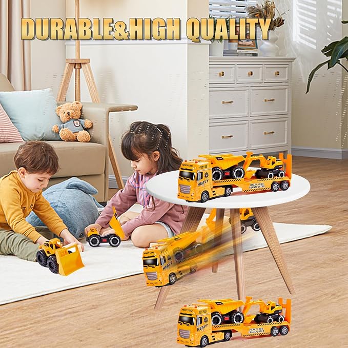 4-in-1 Construction Carrier Truck Toys for Kids | Semi Toy Car Kids Toy with Excavator and Dump Truck, Great Gift for Age 3+ Years Old Boys Girls