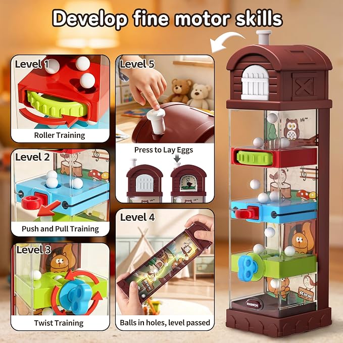 Montessori Toys for 2 Year Old - Farm Egg Maze Adventure Game Toy with 5 Fine Motor Activities, Cause & Effect Travel Toy. (Brown)