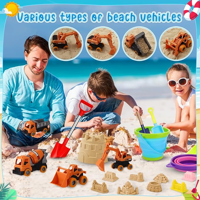 Beach Toys, 36 Pcs Sand Toys with 4 Construction Vehicles, 2 Collapsible Beach Bucket,1 Castle Buckets, Sand Castle Building Kit, Sand Molds, Shovel Set for Kids Boys Girls Age 3+