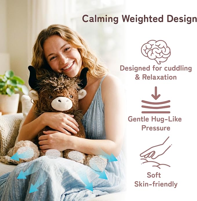 Niuniu Daddy 14" | 3.5 Pound Weighted Stuffed Animals Highland Cow, Weighted Plush Stuffy Realistic Scottish Cow Plushy for Kids Adults, Sitting Cuddly Toy Huggable Gift for Everyday Comfort
