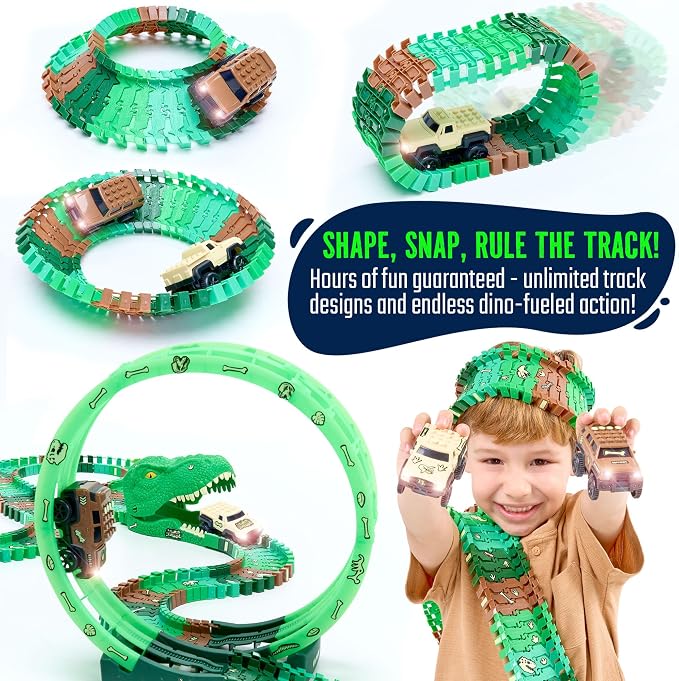 Dinosaur Jurassic Race Track Glow in The Dark Toy Playset - Includes Dino Figures, Epic Loop & Jaw Tunnel Set - Birthday for Kids, Boys & Girls 3-8 Years Old