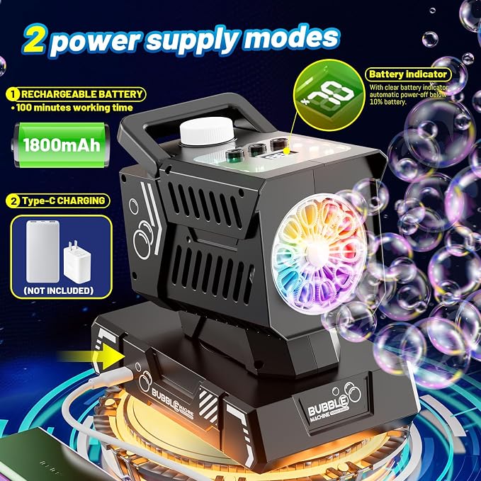 Bubble Machine Remote Control,Auto Rotation & 11 RGB Lights | 1800mAh Rechargeable Battery/USB-C Charging,Top-Fill Portable Bubble Maker for Kids Birthday Party Wedding Pool Outdoor