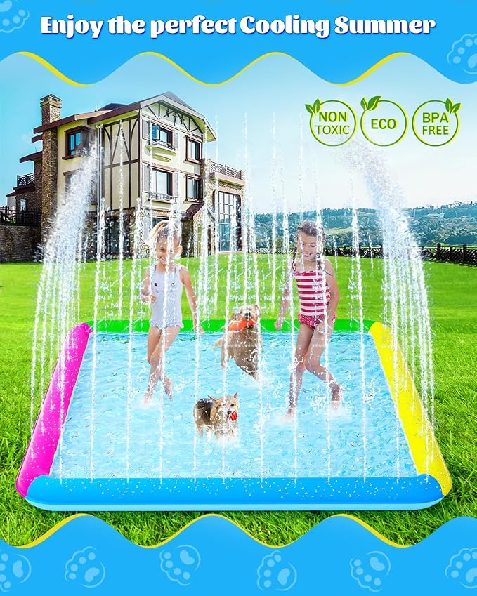 Raxurt Splash Pad, 97"- 72" Non-Slip Splash Pad for Kids and Dogs, Thickened Durable Square Dog Pool with Sprinkler Summer Outdoor Water Toys for Toddler Girls Boys Children Pet