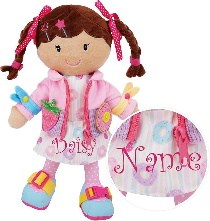 June Garden Personalized Dressy Friends Daisy – Custom Name Plush Doll for Toddlers – Montessori Learn-to-Dress Soft Toy with Buckles, Zipper & Ties – Educational Gift for Girls & Boys Age 2+