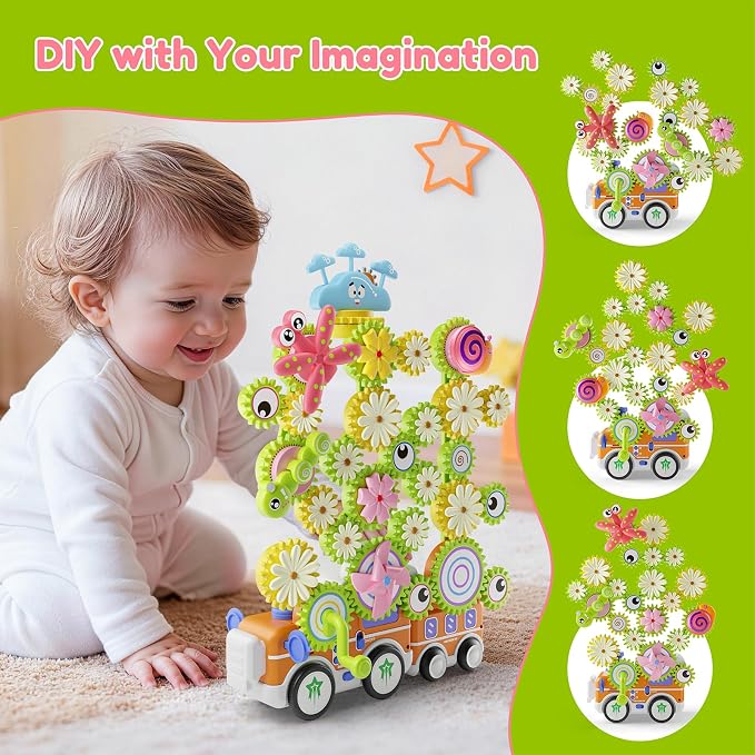 Gears Building Toys for Kids Ages 3+, STEM Construction Set for Toddlers, Train and Flower Models with Electric & Manual Modes, Lights and Music, DIY Educational Learning Toys Gift for Boys and Girls