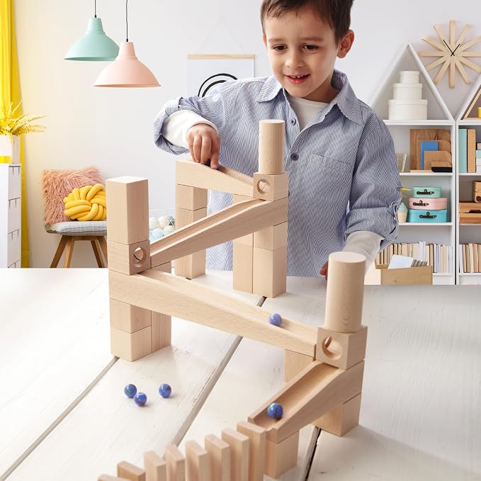 HABA Wooden Marble Run Ball Track Building Set for 4-10 Year Olds, STEM Toy with 49-Piece Wooden Track and Marbles, Montessori Toys for 4 Year Olds