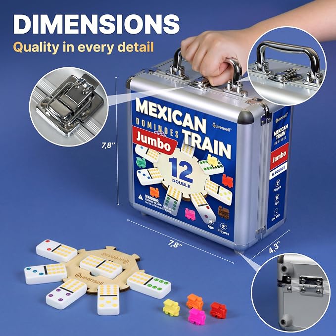 Queensell Mexican Train Dominoes Set with Jumbo Tiles – Double 12 Dominoes Set for Adults, 91 Tiles with Colorful Dots, Wooden Hub, Train & Aluminum Case