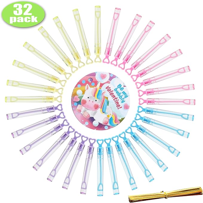 JOYIN 32 Pcs Valentines Day Gift Cards with Mini Bubble Maker Wands for Kids, Valentine Party Favor Toys, Valentine's Day Kids Classroom Exchange Prizes, Bubble Wands with Cards, Photo Prop Decor