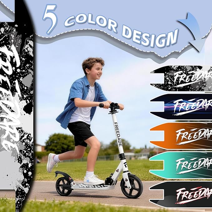 FREEDARE Kick Scooter for Kids & Adults Ages 8+, Foldable Teen Scooter with 2 Big 8-inch Wheels and 4-Level Adjustable Handlebar, Max Load 220 LBS