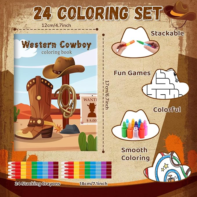 BenLouis 24 Western Cowboy Mini Coloring Books Kids With 24 Stacking Crayons Wild West Party Favors Activity Books Bulk for Kids Yee Haw Rodeo Goodie Bag Gift Stuffer Classroom Reward