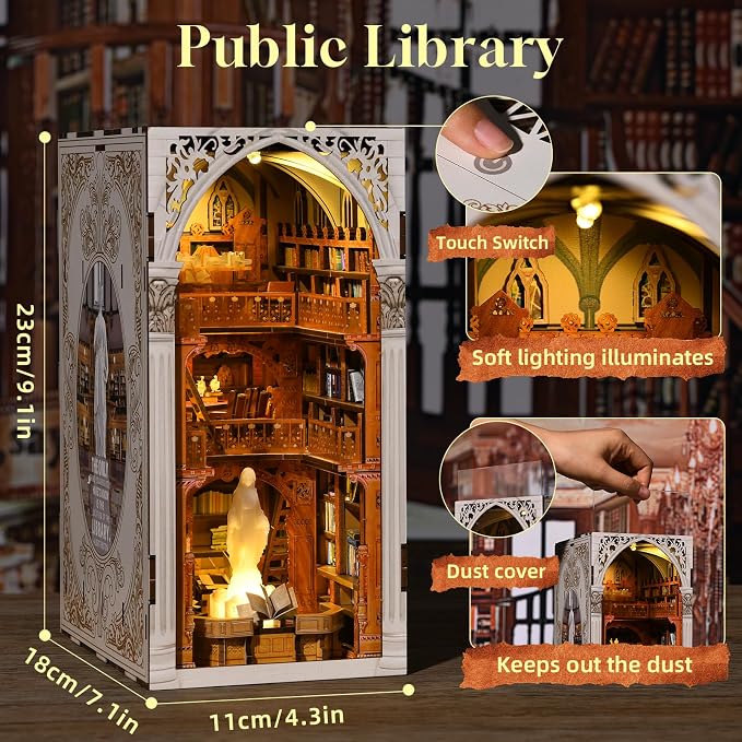 CCCDF Book Nook Kit, DIY Miniature House Kit 3D Wooden Puzzle for Adults Booknook Kit with Dust Cover Book Decor Bookshelf Decoration Decorative Bookends Women Craft Gifts for Teens (Public Library)