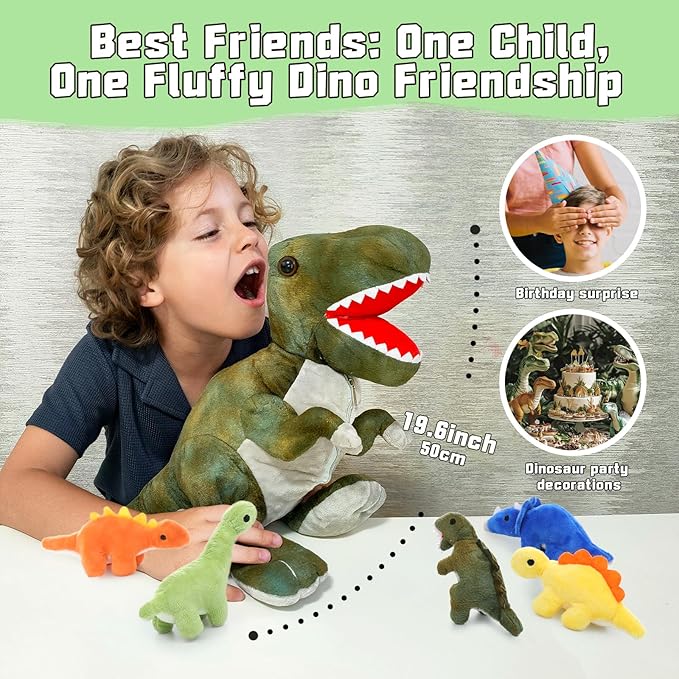 Muiteiur Dinosaur Stuffed Animals with Babies, Soft 19.6 Inch Plush T-Rex Zippered Belly Inside with 5 Cute Baby Dinosaurs, Set for Kids