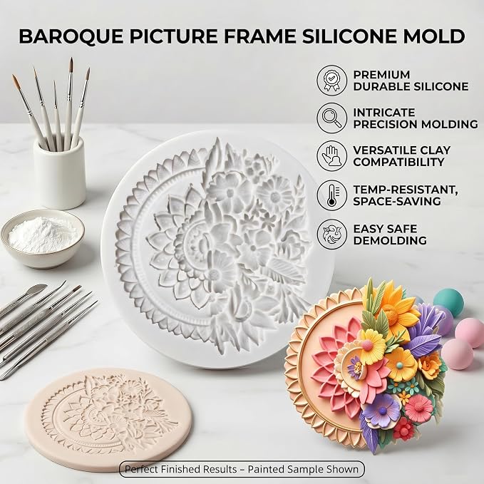 Baroque Flower Frame Polymer Clay Molds Baroque Relief Frame Silicone Mold for Epoxy Resin Casting DIY Crafts Air Dry Polymer Crafts Supplies Clay Tools