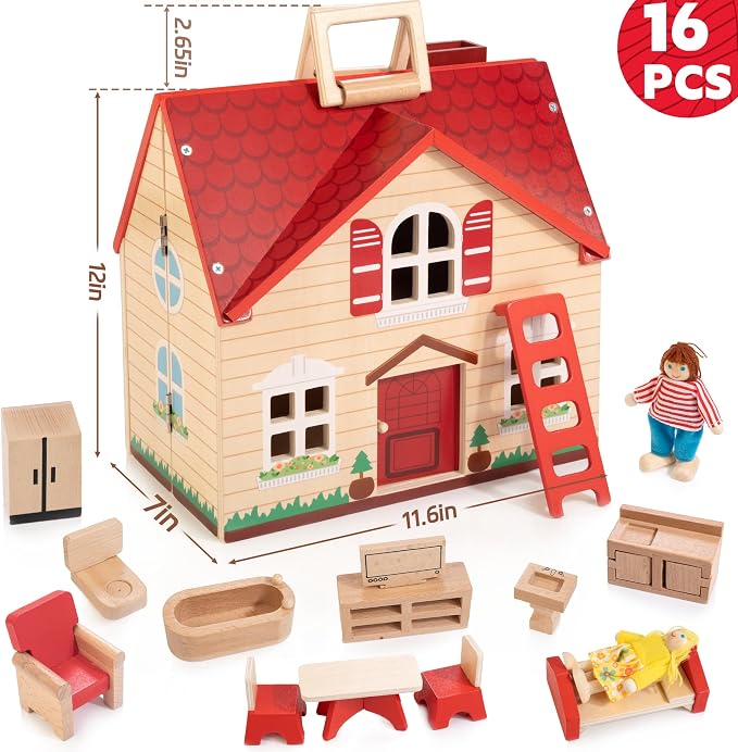 Foldable Wooden Dollhouse with 13PCS Furniture, 4 Rooms and 2 Flexible Dolls, Pretend Play Doll House Set with Portable Handle, Christmas Birthday Gift for Boys Girls Age 3+