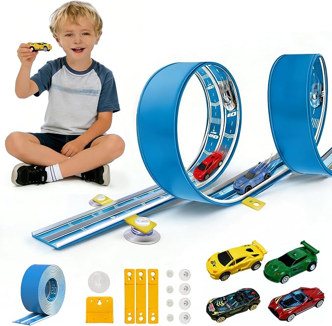 16.4Ft Flexible Race Track for Kids Ages 3+, Patterned Dual-Lane Roll Up Race Track Set with 4 Toy Cars & Suction Cups, Compatible with 1/64 Diecast Cars, Portable DIY Racing Toy(Daytona Blue)