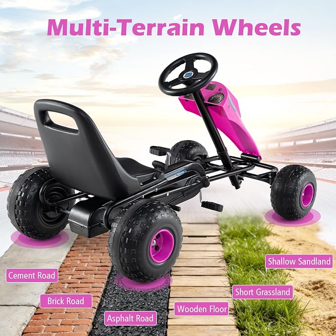 Costzon Pedal Go Kart, 4 Wheel Ride on Toy Pedal Car with Adjustable Seat, Handbrake, Free-Wheel & Pedal Modes, Outdoor Bicycle Go Cart with Wear-Resistant Wheels, Gift for Boys and Girls (Pink)