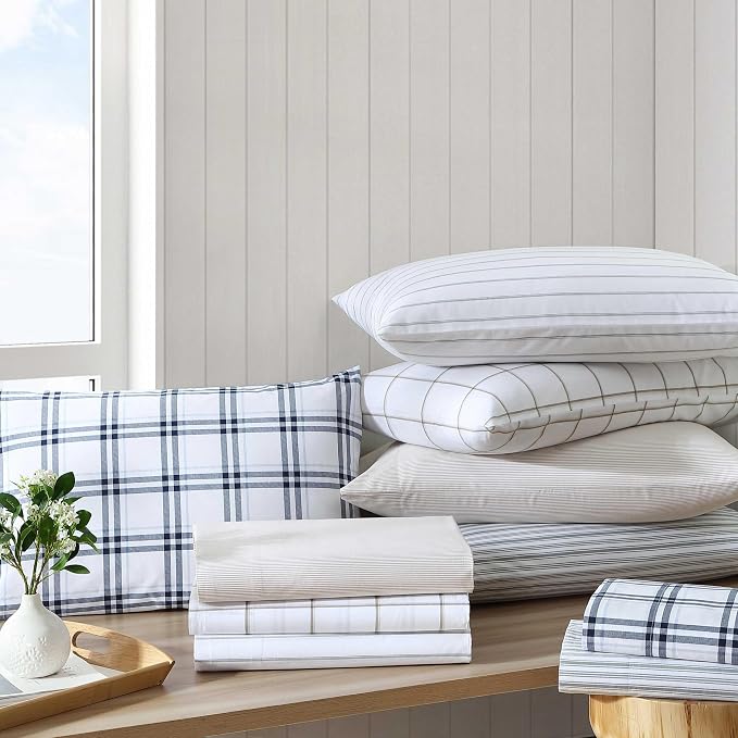 Nautica - Twin XL Bed Sheets, Lightweight Cotton Percale Bedding Set with Matching Pillowcase, Crisp & Cool, Dorm Essentials, Oeko-Tex Certified (Penny Pinstripe Brown)