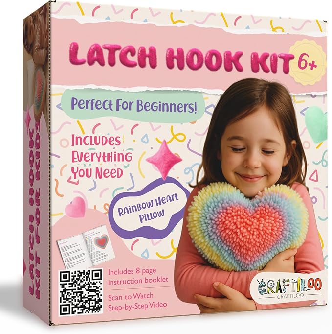 CRAFTILOO Latch Hook Kit for Kids Rug DIY Pillow Craft with Hook, Precut Yarn, Easy to Follow Pattern Cute Designs with Rainbow Heart Ages 6+