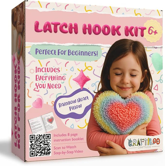 CRAFTILOO Latch Hook Kit for Kids Rug DIY Pillow Craft with Hook, Precut Yarn, Easy to Follow Pattern Cute Designs with Rainbow Heart Ages 6+