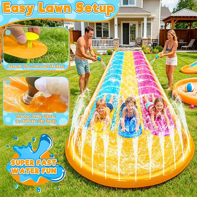 [ 3 Sided Safe Fence ] Extra Width Triple Slip Water Slide with 3-Way Sprinklers, Backyard Lawn Water Slides and 3 Bodyboards with Handle, Summer Outdoor Water Fun Toys for Kids Adults,16Ft x 7Ft