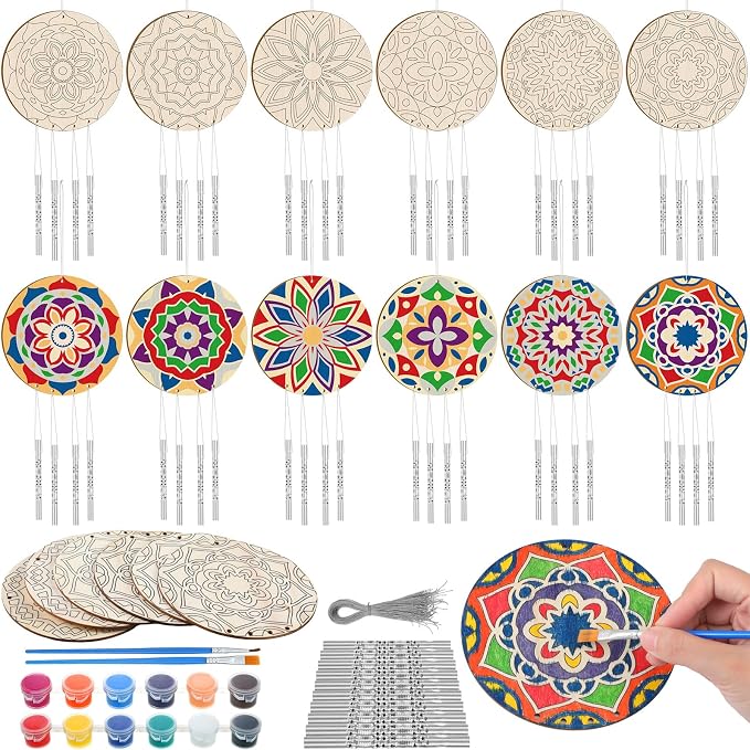 Silipull 24 Sets Mandala Wood Wind Chimes Craft for Kids Color Your Own Windchime DIY Unfinished Wooden Hanging Ornaments Coloring Wind Chime for Kids Gifts School Home and Party Supplies