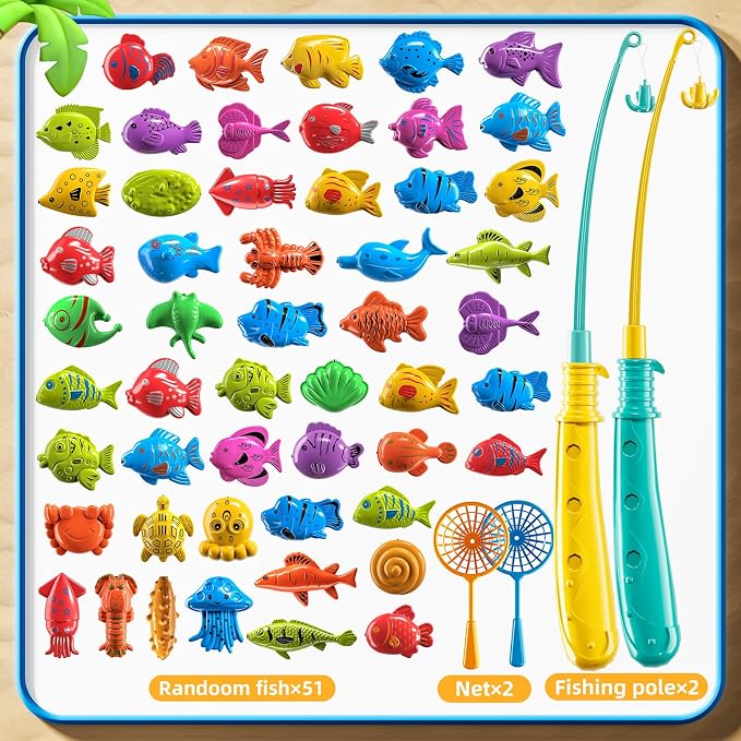 TEMI Fishing Toy Game for Kids 3 4 5 6 7 8 Years Old, 51 Fish Bath Playset for Toddlers, Toy Magnetic Rod and Fishing Net, Outdoor Water Toys for Kids Age 3-5, Party for Boy and Girl