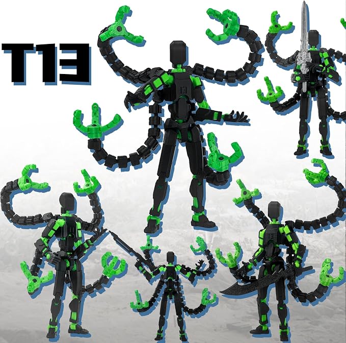 T13 Already Assembled Action Figure Accessories,T13 Multi-Jointed Movable,for Collectors Desktop Decorations t-13 Movability 3D Printed Toys (Black Green, 7.2inch)