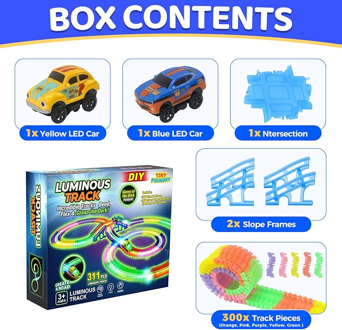 Race Tracks for Kids Ages 3 4 5 6 7 8, Flexible Race Track for Kids | Flexible Kids Race Track Set, GLow in The Dark, 300 PCS, Birthday Gifts for Boys Girls