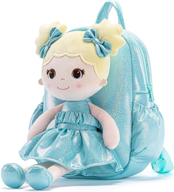 Lazada Toddler Backpack - Baby Girl Gifts Curly Fingerprints Plush Doll Dress Backpack - Fashion Girls Curly Rolled Fingerprints Series - Lake Blue 11 Inches