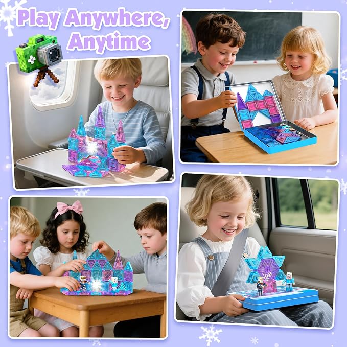 Mini Magnetic Tiles with 2 Little Action People, Light Up Frozen Tiles with Magnetic Action Figures for Princess Castle, Micro Magnet Portable Travel Toys for Kids, STEM Building Gifts for Boys Girls
