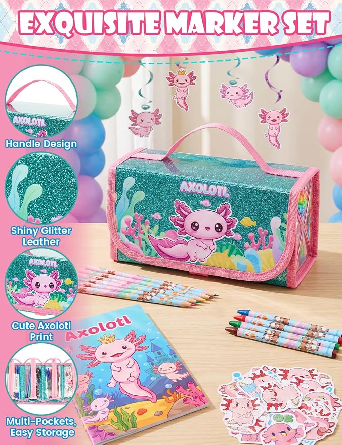 Defresit 129 PCS Washable Markers Set- Axolotl Gifts for Girls, Art Supplies for Kids with Glitter Pencil Case, Coloring Kits for Kids, Ideal Gifts for Birthday Christmas Back to School