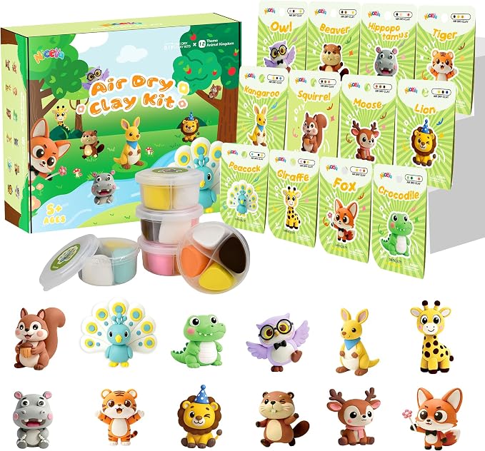 Nicella Air Dry Clay Kit, 12 Animals Modeling Clay for Kids, Model Magic Clay with Sculpting Tools and Tutorials, Safe & Non-Toxic, DIY Arts & Crafts School Projects, Home Party Favors for Boys Girls