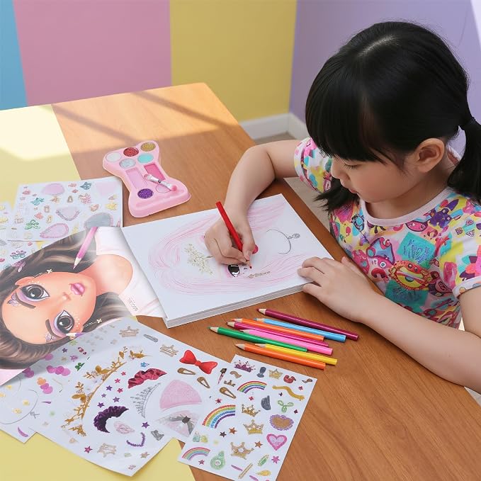 BSCOOL Make-up Artist. 3 in 1 Fun Makeup, Sticker, Coloring Kit, Includes Color Pencils, Makeup Palette, and 200+ Stickers. for Girls Ages 5,6,7,8. Make Up Style Coloring Book. Gift for Girls