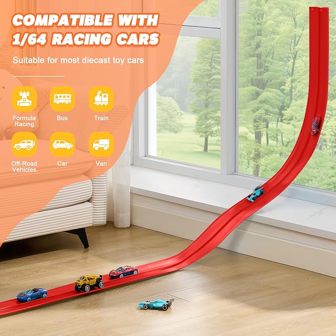 Flexible Race Track for Kids - 15 Ft Flex Track Race Car Tracks with Car Ramp Toy, Fit for Monster Truck Track & Kids' Play Cars, Race Tracks for Toddlers 1-3, Portable Racetrack (Red)