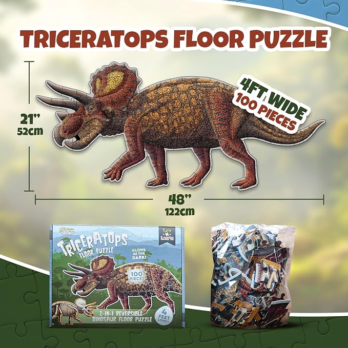 Triceratops Dinosaur Jigsaw Puzzle | 100-Piece Double Sided Floor Puzzle with Glow-in-The-Dark Skeleton On Other Side | 4 FT Scientifically Accurate Dino Illustration | Educational Toy for Kids