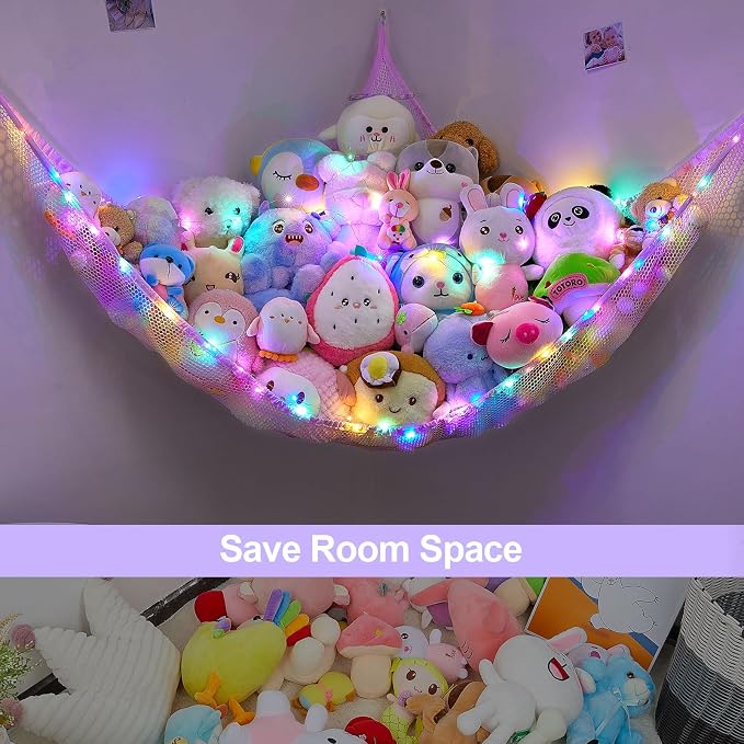 Stuffed Animals Net or Hammock Kids Toy Storage Organizer with LED Light Unicorn Castle Hanging Corner Stuffed Animals Holder Kids Girls Room Decor (Pack of 1)