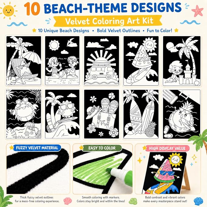 Cinrobiye 48 Pcs Summer Velvet Coloring Posters Bulk Tropical Beach Fuzzy Coloring Pages Craft Kit with Ocean Pineapple Sunshine Designs for Classroom Group Activities Living Party Favors Holiday
