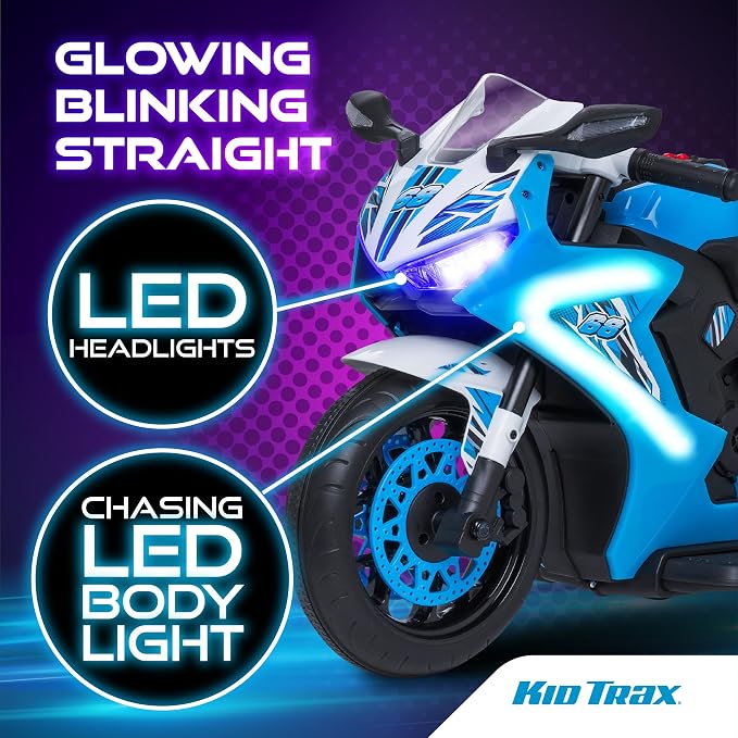 Kid Trax 6V Glow Electric Toddler Kids Motorcycle - Toddler Bike, Indoor/Outdoor Toys, Durable, LED Headlights and Body Light, Realistc Sounds, Kids Ride On Toys, Max Weight 65lbs, Ages 3+, Blue