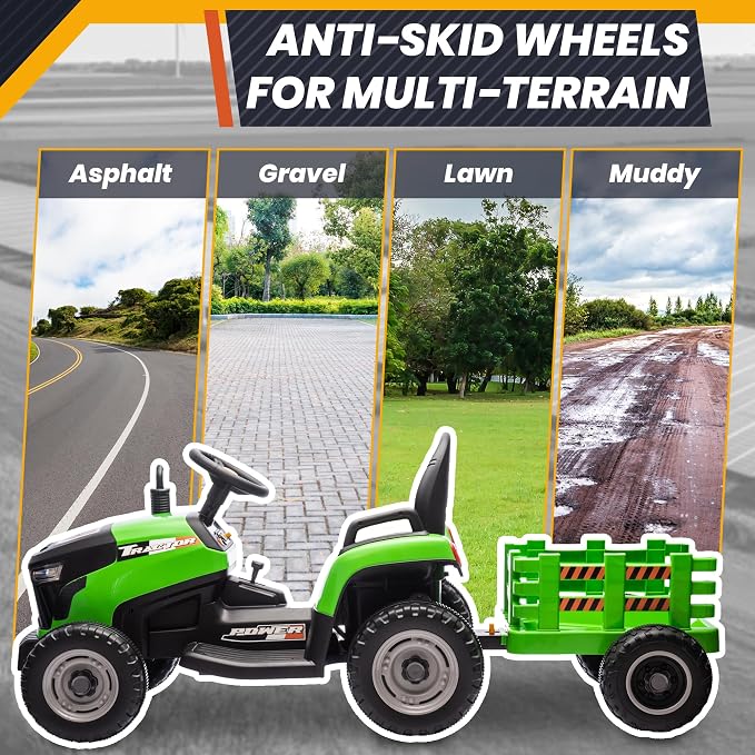 JOYRACER 24V Ride On Toys for Kids, Electric Ride on Tractor w/400W Motors, Tiltable & Detachable Trailer, Adjustable Seat, Bluetooth, Music, Remote Control Tractor Toys for Kids Ages 3+, Green